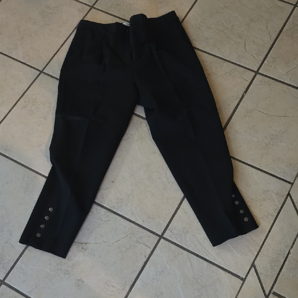 Womens Black Ponte Capri Pants with Button Cuff